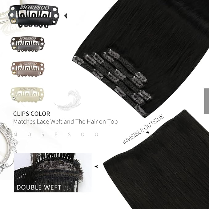 Moresoo Jet Black Human Hair Clip in Extensions Black for Women Remy Hair Extensions Clip ins Short Double Weft 80g/5pcs 10 inch
