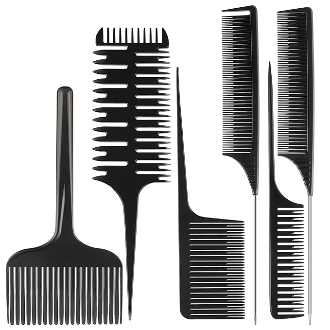 Patelai 6 Pcs Highlighting Hair Combs Set, 3-way Hair Sectioning, Dyeing, Rat Tail Lifting Comb for Weaving Foiling Sectioning Coloring, Black