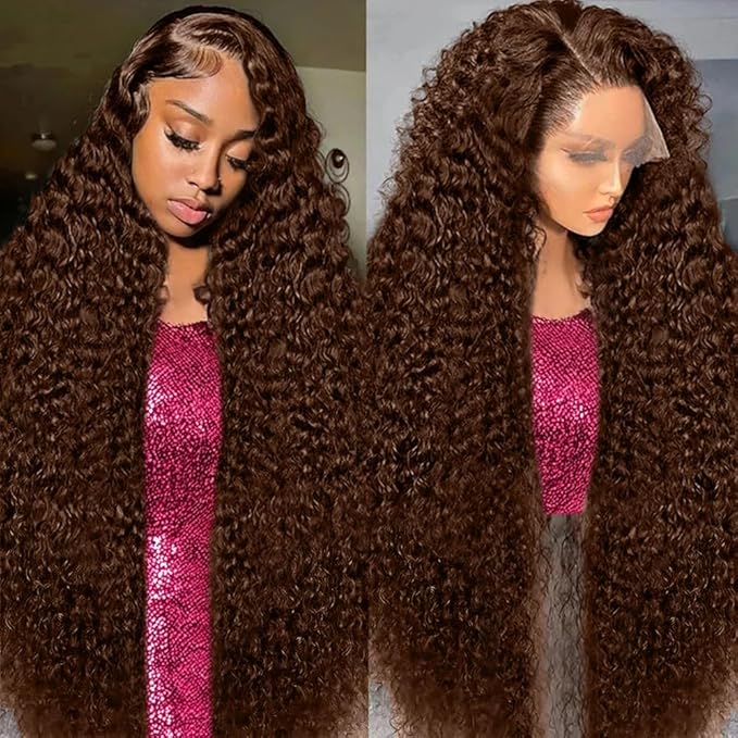 Anderah Chocolate Brown Deep Wave Lace Front Wigs Human Hair 200 Density 13x6 HD Lace Frontal Wigs Curly Human Hair Wig For Women Pre Plucked with Natural Hairline 4# Brown Color (36inch)