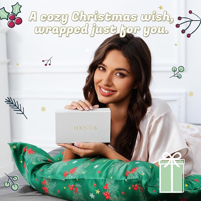 THXSILK Christmas Style 6A+ Grade Mulberry Silk Pillowcase for Hair and Skin, 22 Momme 100% Pure Silk Pillow Case with Hidden Zipper, Christmas Holly Printed Pillow Cover(Queen Size 20"x30",Green)