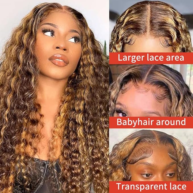 Highlight Ombre 13x6 Lace Front Wig Human Hair Deep Wave Honey Blonde Glueless HD Transparent Lace Frontal Wigs for Women 180 Density Human Hair (highlight ombre deep wave, 28 inch)