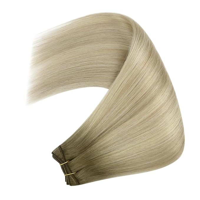 YoungSee Weft Hair Extensions Ombre Blonde Human Hair Sew in Extensions Ash Blonde Ombre Platinum Blond Highlights Sew in Hair Extensions Real Human Hair Wefts One Piece 18Inch 100G