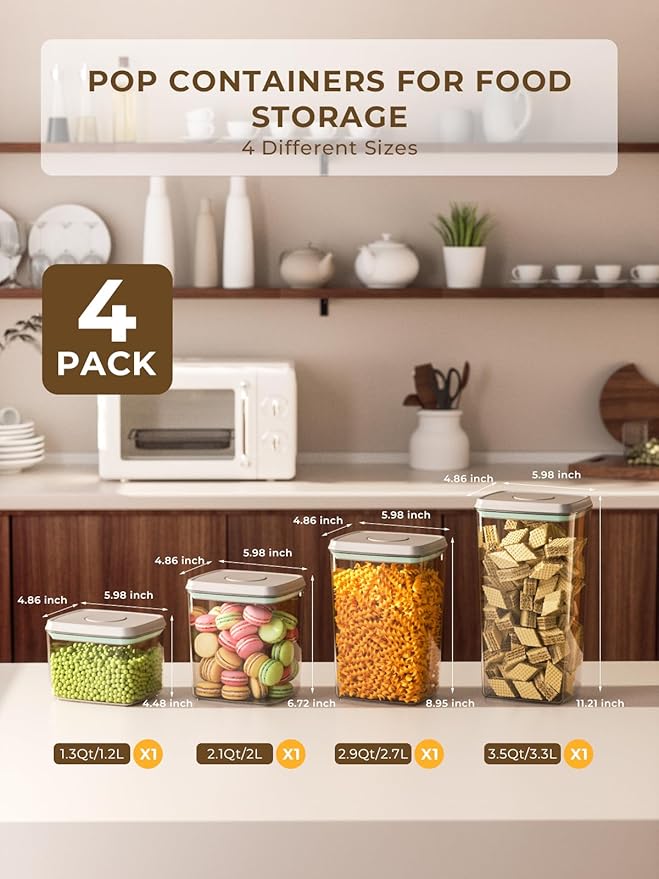 Pop Storage Set – 4 Pack Airtight Food-Grade Containers with Lids, BPA-Free, with Measurement Marks for Flour, Sugar, Pantry Organization