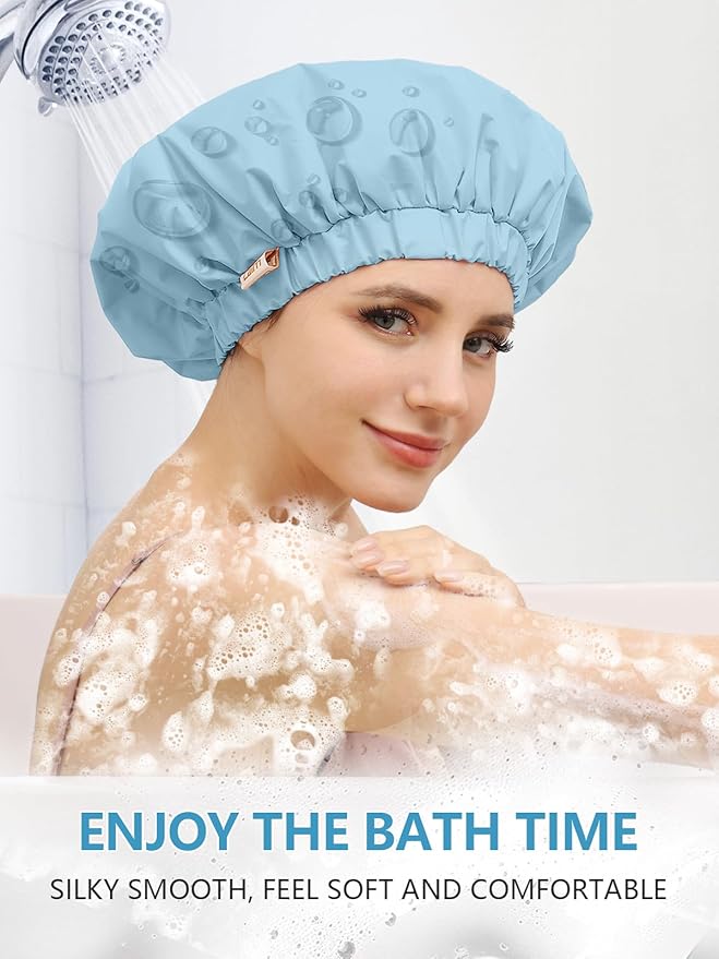 Years calm Reusable Waterproof Shower Caps for Women, Hair Caps for Showers, Double-Layer Elastic Design, for All Hairstyles, Travel-Friendly (Sky Blue)