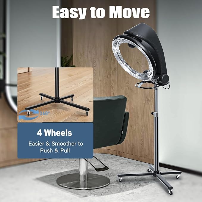Infrared Hair Dryer, 3-in-1 Orbital Standing Hair Dryer,Adjustable Height Hair Steamer with 4 Wheels and Digital Screen, for Hair Care, Coloring, Drying, Black