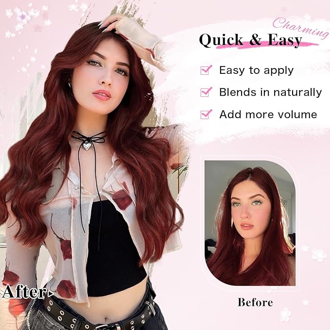 Hair Extensions Clip Ins, 16 Inch 8PCS Red Curly Clip in Hair Extensions Wavy, Synthetic Hairpieces for Women, Invisible Lace Weft Hair Extension