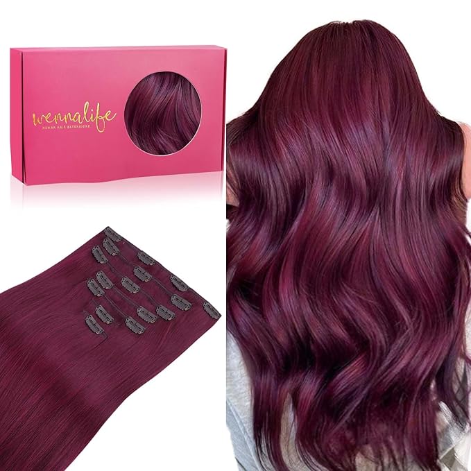 WENNALIFE Clip in Hair Extensions Real Human Hair, 14 Inch 120g 7pcs Human Hair Extensions Clip In Human Hair, Light Burgundy Hair Extensions Clip In Real Hair Coloured Remy Human Hair Extensions