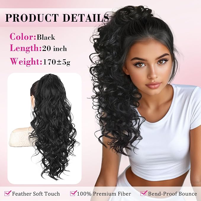 QGZ Ponytail Extension 20 Inch Claw Clip Ponytail Hair Extension Natural Synthetic Curly Wavy Hairpiece for Women Daily Use(Black)