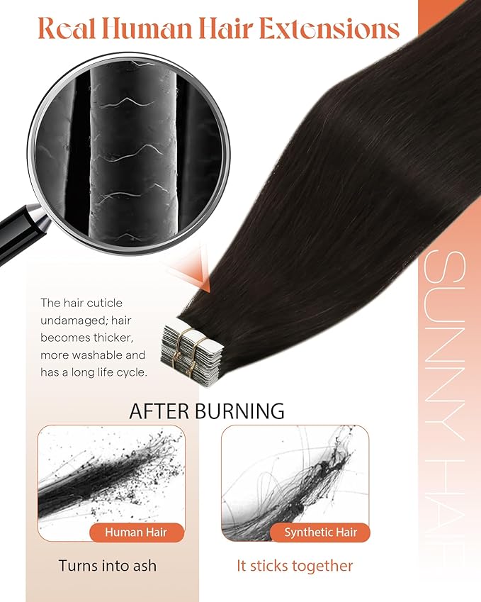 Sunny Hair Tape in Hair Extensions Real Human Hair Invisible Remy Hair Extensions Tape ins for Women Darkest Brown 16 inch 20Pcs 50G