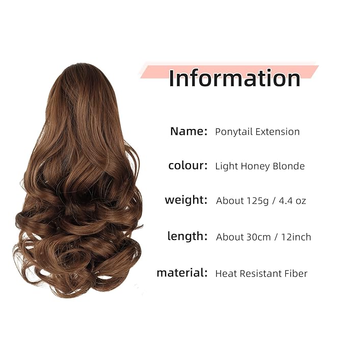 Ponytail Extension, Clip on Ponytails for Women, 12" Claw Clip in Short Curly Wavy Pony Hair Extension for Women - Light Golden Brown