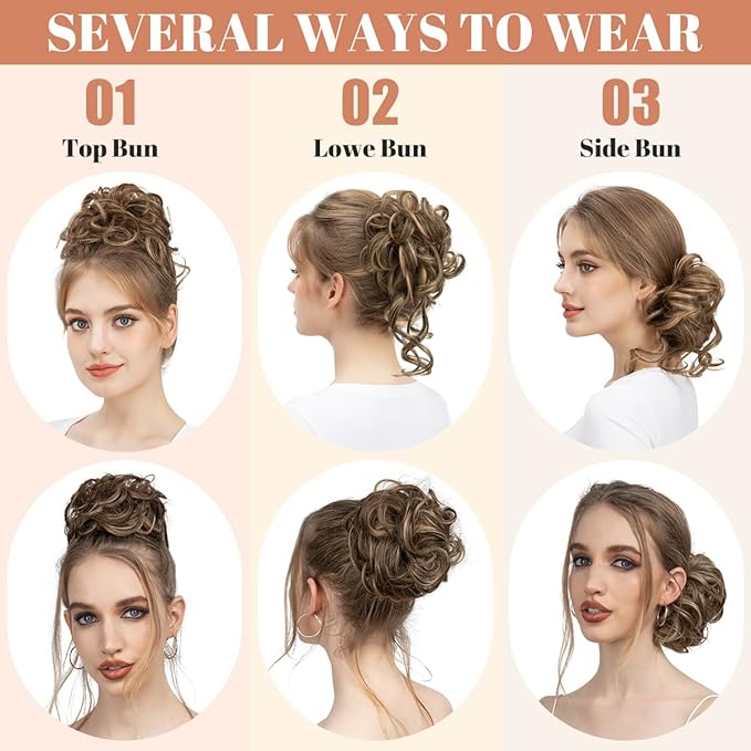 CJL HAIR 2PCS Messy Bun Hair Pieces Wavy Curly Synthetic Updo Chignon Fake Scrunchies Ponytail Extension for Women Sunny Blonde