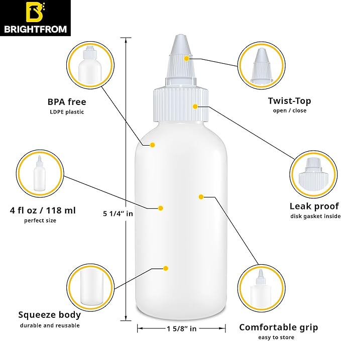 BRIGHTFROM Squeeze Bottles - 4 OZ Empty Plastic Containers for Dressing, Sauces & Condiments | Ketchup, Mustard, Syrup, Oil, Arts and Crafts | Leak Proof, BPA Free, Refillable | Twist Top - Pack of 4