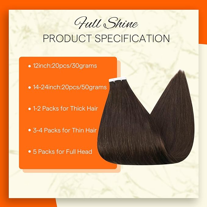 Full Shine Hair Extensions Real Human Hair Invisible Tape in Color Dark Brown 18Inch Straight Seamless Real Remy Skin Weft Tape in Extensions 20Pcs 50Grams Silky Hair Add Volume