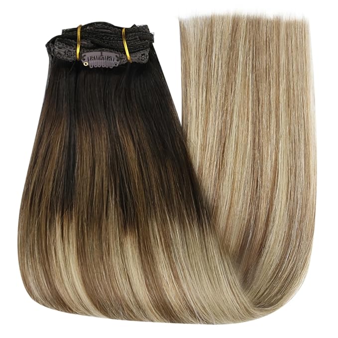 YoungSee Clip in Human Hair Extensions Brown Balayage Clip ins Real Hair Extension Darkest Roots to Medium Brown with Blonde Balayage Real Human Hair Extensions Clip ins for Women 12Inch 85G 7Pcs