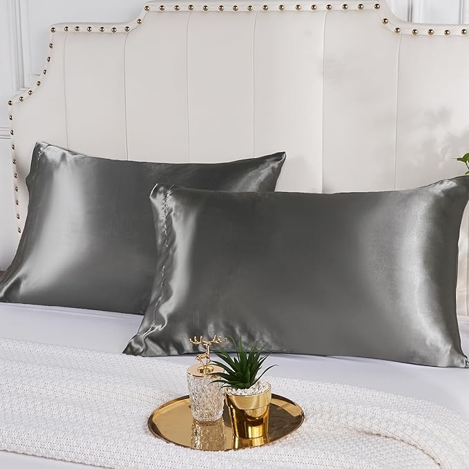 Satin Silk Pillowcase for Hair and Skin, Black Pillow Cases Standard Size Set of 4 Pack Super Soft Pillow Case with Zipper Closure (Gray, King (4 Pack))