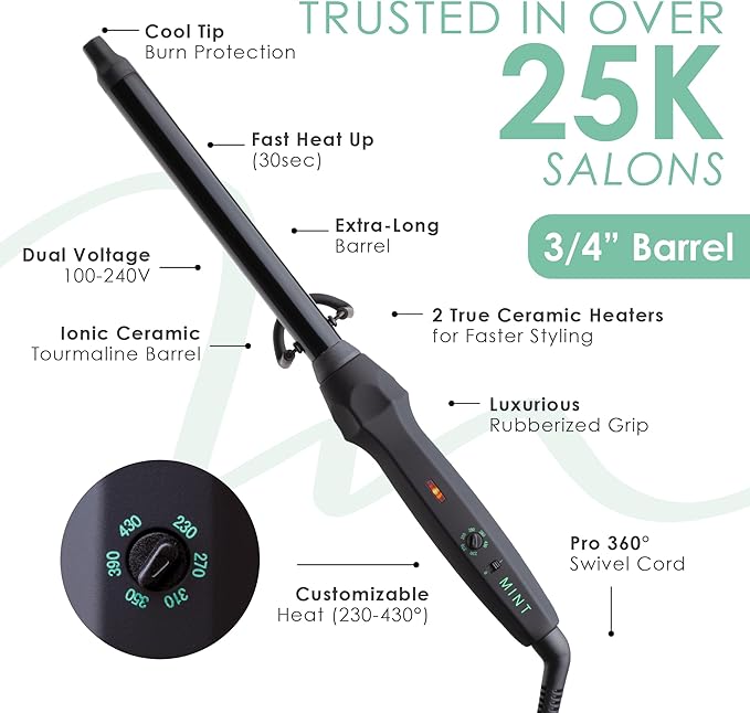 MINT Professional Clamp-Free Curling Wand 3/4 Inch for Long Hair | Extra Long Curl Wand 4-Heater Ionic Ceramic Tourmaline Barrel | Best Curling Wands | Adjustable 230-430°F | Worldwide Dual Voltage