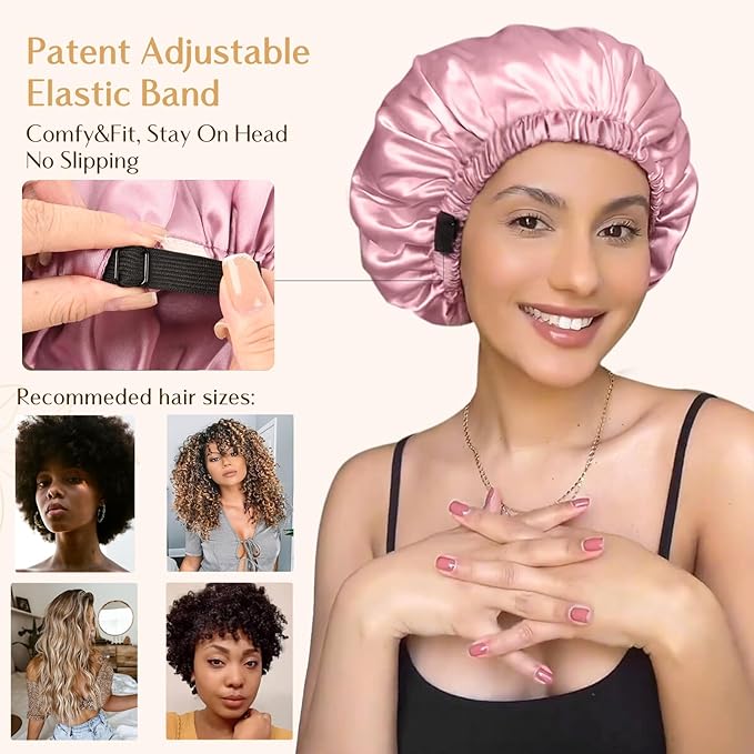 YANIBEST Adjustable Satin Bonnet Double Layer Hair Bonnet for Sleeping Bonnets for Women Hats Curly Natural Hair, Pearl Pink