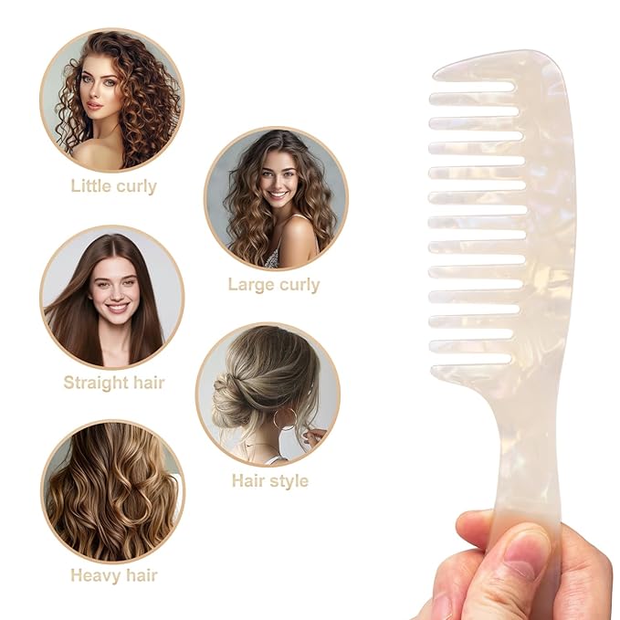 Large Wide Tooth Hair Comb, LADYAMZ [Tortoise Shell] Cellulose Acetate Round Tooth Comb for Straight/Curly Hair,Short/Long Hair Women Men or Kids, Easy Detangling Wet or Dry, Anti-static (White)