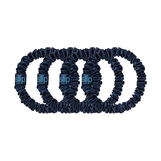 slip Skinny Scrunchies: Anti-Crease, Anti-Breakage Slipsilk™ Design Protects Delicate Hair | Includes 4 Pure Silk Scrunchies: Navy