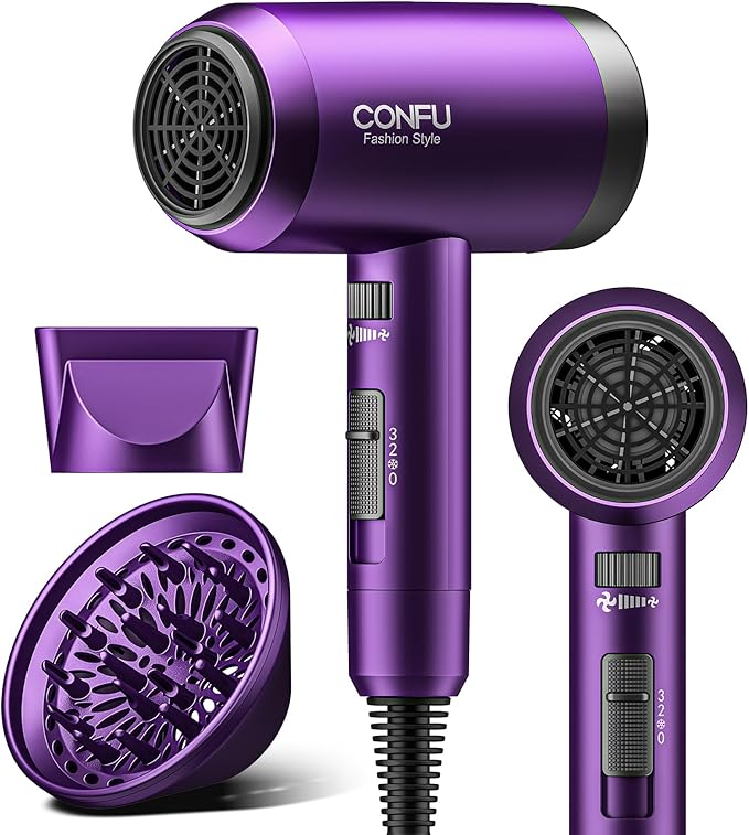 Hair Dryer with Diffuser, CONFU Ionic Blow Dryer 1600W, Portable Lightweight Fast Drying Negative Ion Hairdryer, 3 Heat Settings with Diffuser and Concentrator Nozzle for Home & Travel
