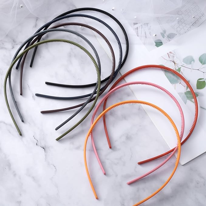 8pcs Thin Skinny Headbands with Teeth, Non-Slip Plain Frosted Headbands for Women, 5mm Plastic Elastic Head Bands for Long Short Straight Curly Hair- 8 Colors