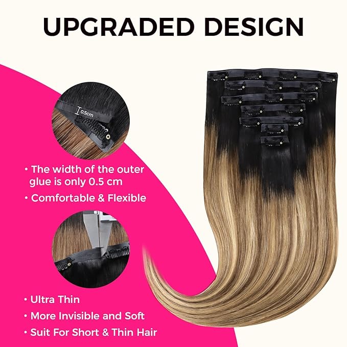 Lashey Seamless Clip in Hair Extensions 22 Inch Balayage Ash Brown to Honey Blonde with Dark Roots Long Straight Hair Extensions 110g 7pcs PU Clip in Real Human Hair for Black Women
