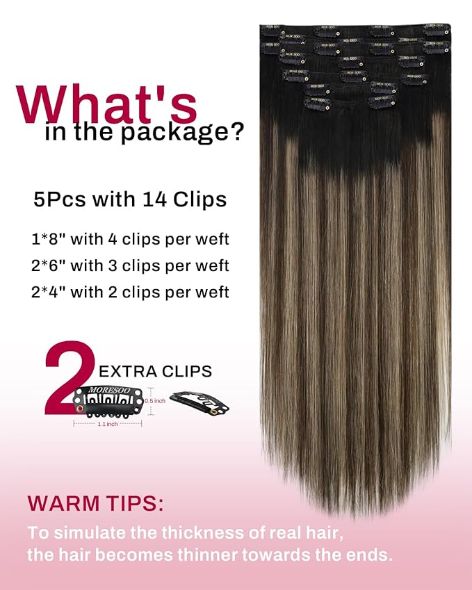 Moresoo Clip in Hair Extensions Remy Double Weft Human Hair Clip in Extensions Balayage Straight Hair Extensions for Women Ombre Black to Brown with Dark Blonde 7pcs 120g 16inch