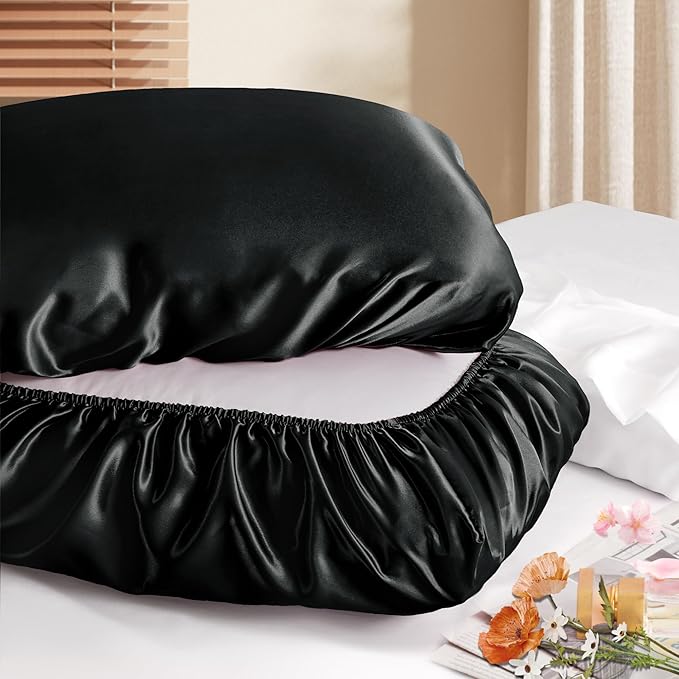 Manyshofu Satin Pillowcases for Hair Protection - 1Pcs Black Pillow Cases, Elastic Band Standard & Queen Satin Pillowcases Luxury Silky Pillow Cases Travel Pillow Covers