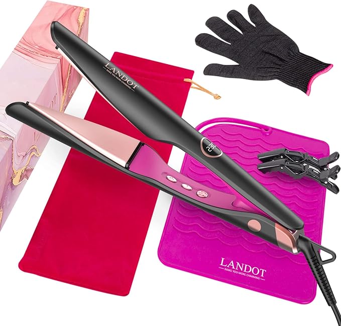 LANDOT 2-in-1 Hair Straightener & Curling Iron - Create Salon Waves, Curls & Straight Styles at Home | Floating Plates, Anti-Frizz & Tangle-Free | Dual Voltage, Temp 250-450°F for All Hair Types