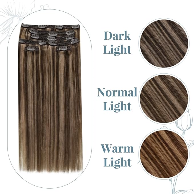 RUNATURE Short Hair Extensions Clip Ins, 10 Inch Real Clip in Hair Extensions for Women, Double Weft Remy Natural Hair, Can Be Styled, 50g 3pcs, #3P12 Walnut Brown Highlight Honey Blonde