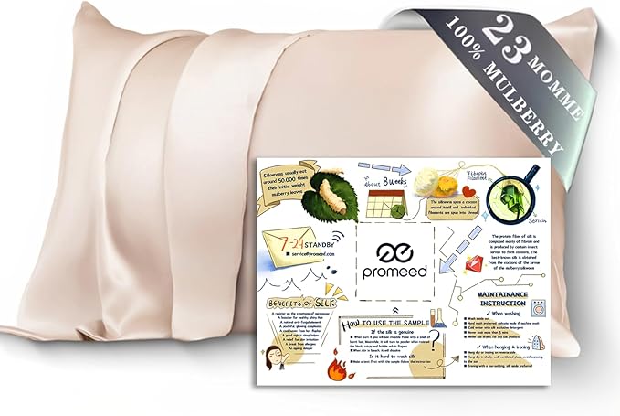 PROMEED 100% Mulberry Silk Pillowcase for Hair and Skin, Both Sides 23 Momme Grade 6A+ Silk Pillow Case with Hidden Zipper, 1400 TC, Soft & Smooth (Standard 20"x26", Champagne)
