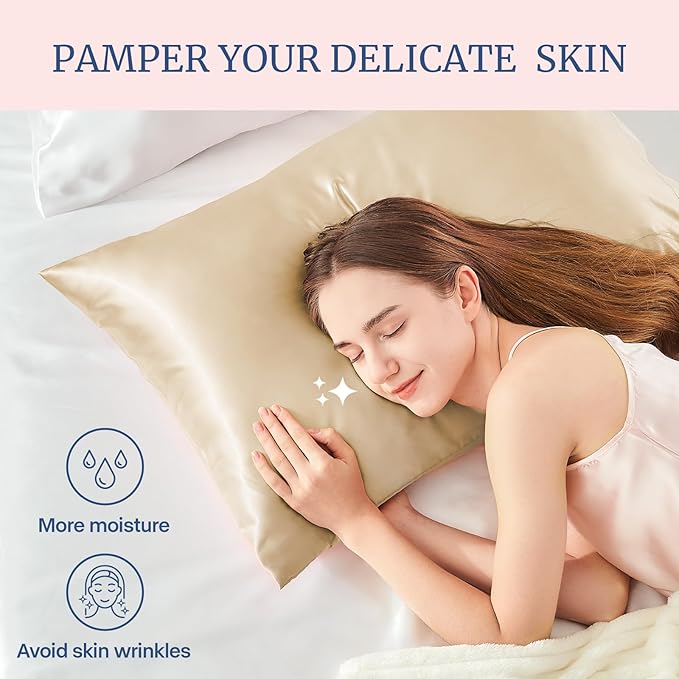 BEDELITE Satin Pillowcase for Hair and Skin, Super Soft and Cooling Similar to Silk Pillow Cases 2 Pack with Envelope Closure, Gift for Women Men(20"x26" Standard Size, Champagne)