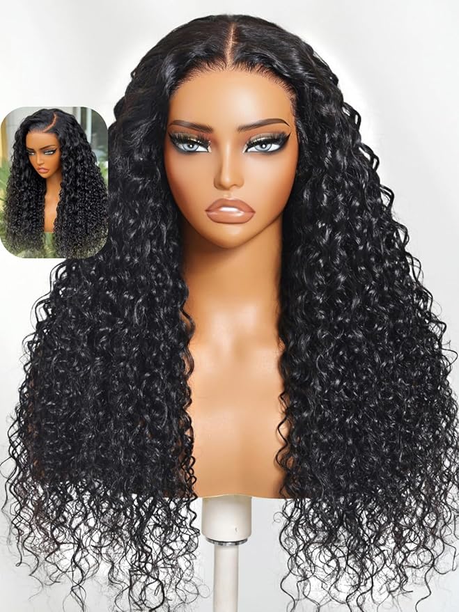 YIROO Bye Bye Knots Glueless Water Wave and Jerry Curly Drawstring Wig Human Hair, 7x5 Pre Cut Lace Front Glueless Wigs Pre Bleached Pre Plucked Wear and Go Wig for Women 150% Density 16Inch