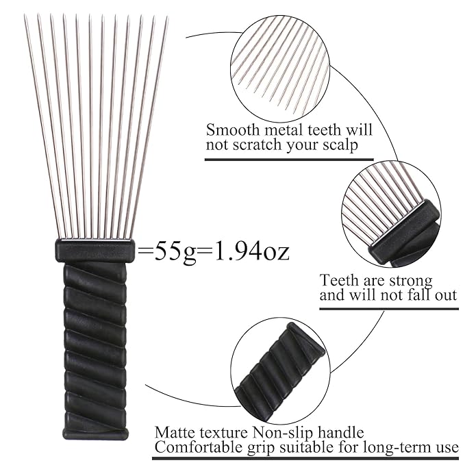 COOKOO 2 Pack Metal Afro Hair Styling Combs Curly Hair Styling Wide Tooth Afro Pick Hairdressing Styling Tool Classic Black Handle Design for Women and Men