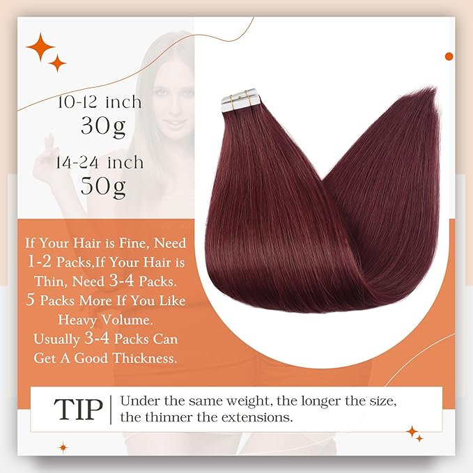 Full Shine Tape in Human Hair Wine Red 99J Hair Extensions Real Human Hair Tape in 24Inch Long Extensions 50Gram Invisible Seamless Remy Skin Weft Double Sided 20Pcs for Wedding Add Length