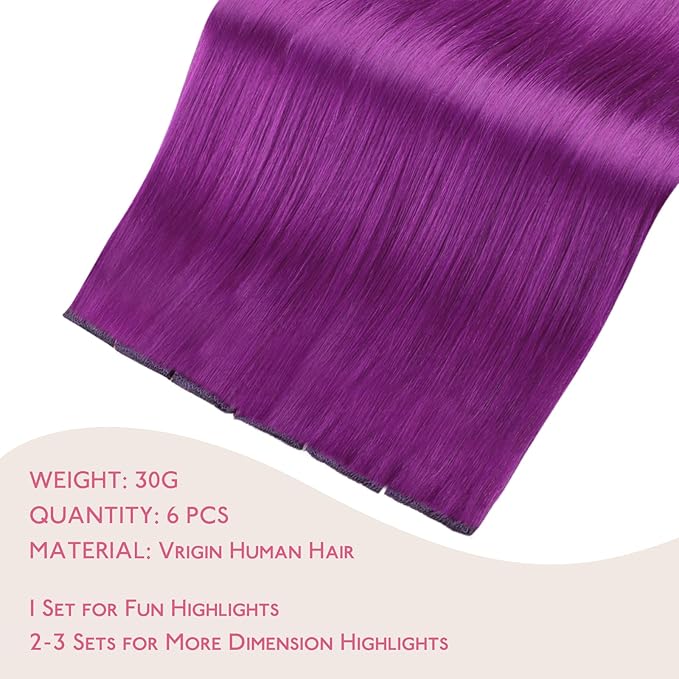 WENNALIFE Purple Clip in Hair Extensions Real Human Hair 35g 6pcs 22 Inch Colored Hair Extensions for Kids Women Colorful Hair Pieces Pop-up Style Straight Extensiones De Cabello Humano Con Clip