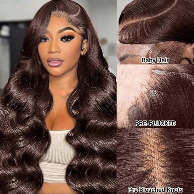 250% Density Chocolate Brown Lace Front Wig Human Hair 13x4 Body Wave Lace Front Wigs Colored Human Hair Wigs For Women HD Transparent Lace Front Wig(26 Inch,Chocolate Brown Wig)