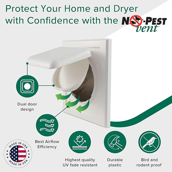 NO-PEST VENT, Exclusive Dual Door Dryer Vent Cover Outdoor 4 inch or Bathroom fan, Made in USA w Highest UV Resistant Plastic in any Outdoor Vent Cover (White, 4 inch W/O Duct Tube)