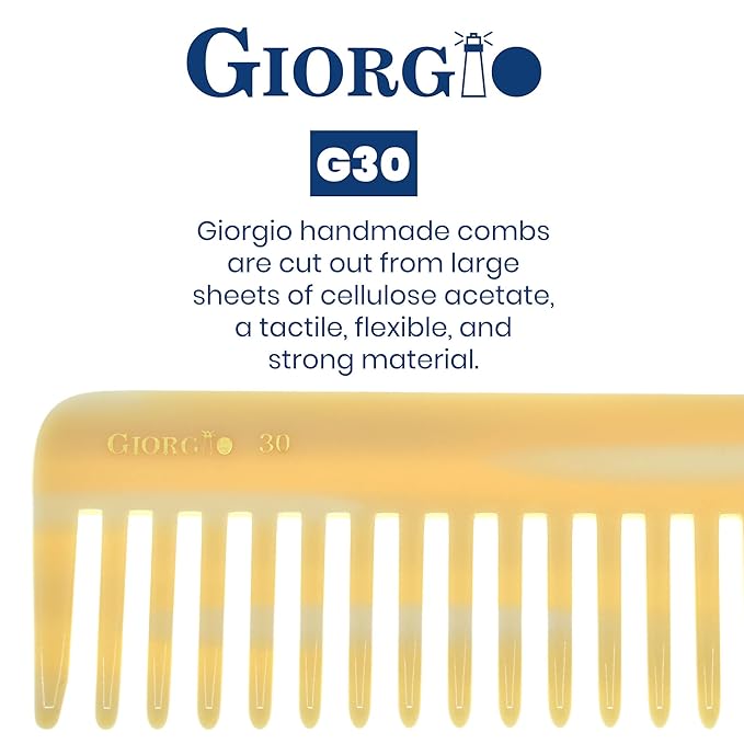 Giorgio G30 Large 5.75 Inch Detangling Comb, Wide Teeth for Thick Curly Wavy Hair. Long Hair Detangler Comb For Wet and Dry. Handmade of Cellulose, Saw-Cut, Hand Polished, Ivory