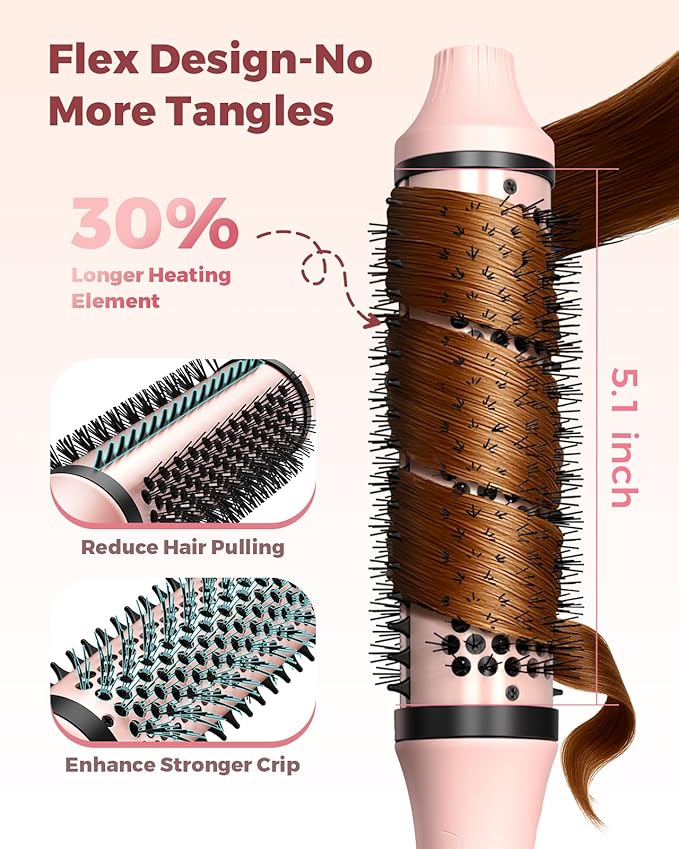 Bopcal Dual Voltage Thermal Brush, 1.5 Inch Heated Round Brush for Blowout Look, Heated Curling Styler with Negative Ions & Ceramic for Volumizing, 6 Temps & Auto Shut-Off, No Damage,Peach Pink