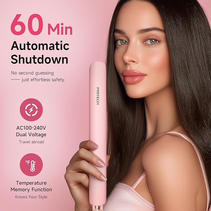 Flat Iron Hair Straightener 1 Inch Titanium - Fast Heating Pink Hair Straightener， Negative Ions Flat Iron 12 Temp (230°F-450°F), Auto Shut Off, Temp Memory & Dual Voltage for Smooth Silky Hair