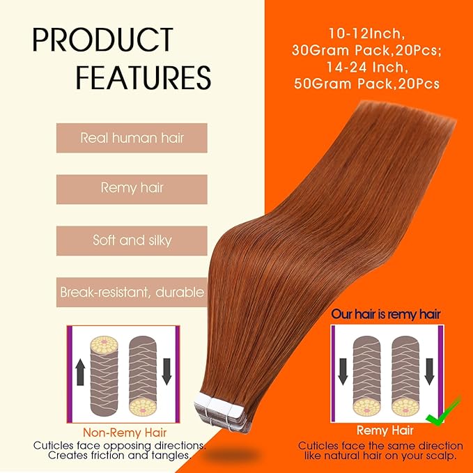 Full Shine Copper Tape in Human Hair Extensions Color 550 Hair Extensions Tape in 14Inch Orange Red Remy Seamless Skin Weft 50Gram 20Pcs Natural Invisible Extension for Wedding