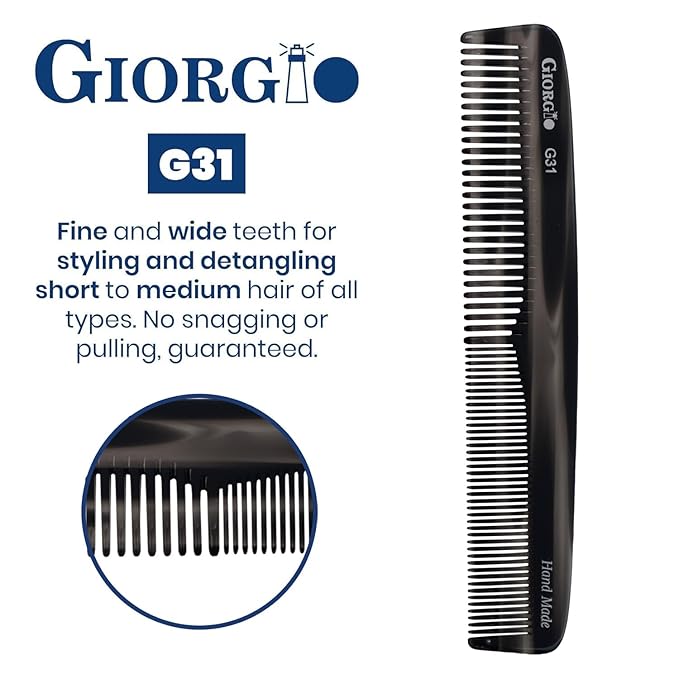 Giorgio G31 Fine Tooth and Wide Tooth, Hair Comb - Hair Styling Comb for Men, and for Women, Mens Beard Care Combs for Detangling and Styling - Handmade Saw-Cut and Hand Polished (Black Graphite)