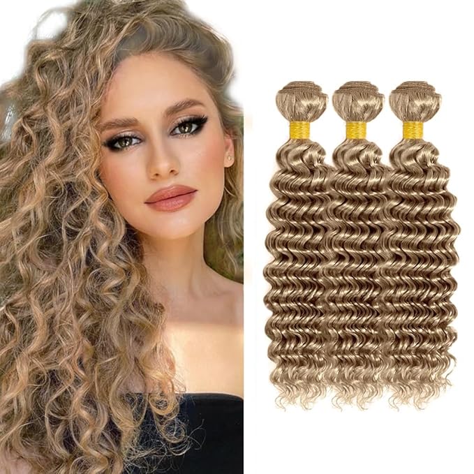 Ash Blonde Deep Wave Bundles Human Hair Color #22 Bundle Niegmeag Brazilian Virgin Remy Hair 3 Bundles 12 14 16 Inch Double Weft #22 Blonde Bundle Hair Weave