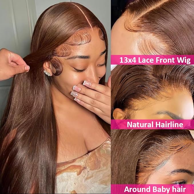 Hermosa 13x4 Brown Lace Front Wigs Human Hair 180 Density Hd Straight Lace Frontal Human Hair Wigs Pre Plucked Hairline 4# Brown Wig 24 Inch