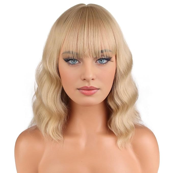 BERON 14 Inches Blonde Wig Short Curly Wigs for Women Ash Blonde Synthetic Wigs with Bangs Wig Cap Include