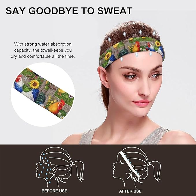 Headbands for Men & Women Chicken Rooster Garden Flowers Painting Floral Sweat Headband Non Slip Sweatband Sports Running Cycling Yoga Basketball Workout Football Training