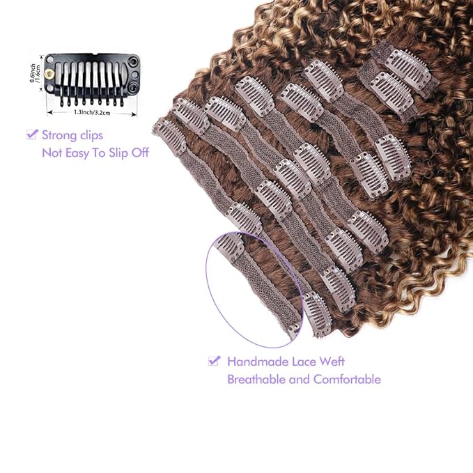 Curly Clip In Hair Extensions Real Human Hair Clip Ins Balayage Chocolate Brown to Caramel Blonde Human Hair Extensions 8Pcs with18clips 120g/Set (24 inch，#4/27/4)