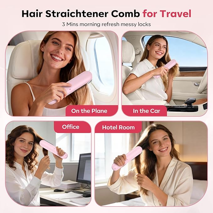 Go Brush Pro 2026 Hair Straightener Brush 300 Million Negative Ionic Portable Hair Straightener Comb for Women with 4 Temps Fast Heating MCH Ceramic Coating Smooth Frizz Hair Light Pink