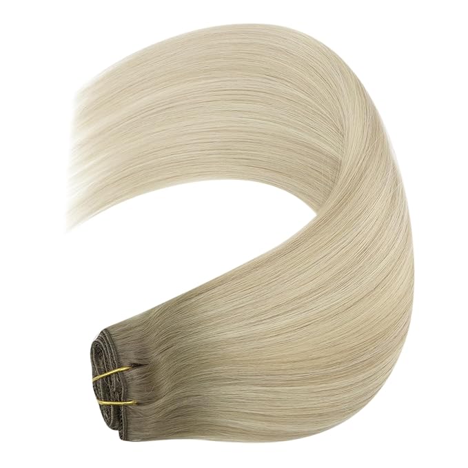 YoungSee Clip in Hair Extensions Real Human Hair Blonde Ombre Clip in Human Hair Extensions Ombre Ash Blonde Mix Platinum Blond Clip on Hair Extension for Women Dyable Remy Hair 120G 7pcs 18Inch